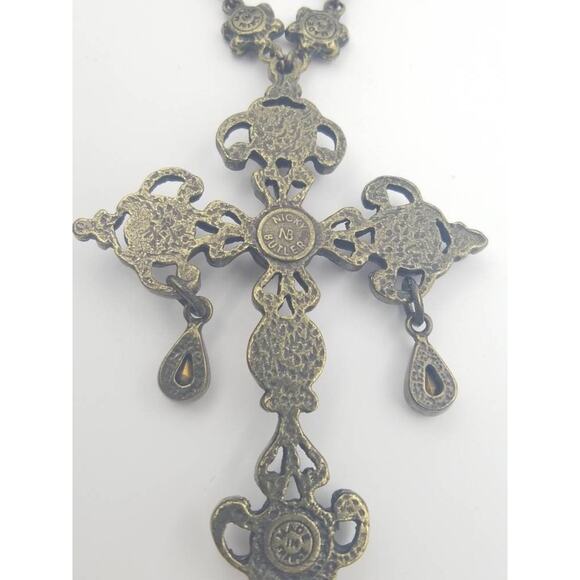 Vintage Nicky Butler Pink Moonstone Bronzetone Cross Statement Necklace in Box - Picture 9 of 12